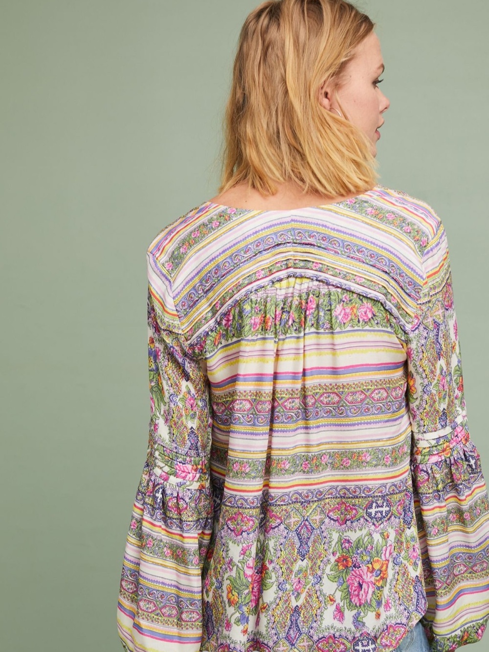 Anthropologie Maeve size S  Floral Stripe V-Neck Peasant Blouse - Picture 2 of 6